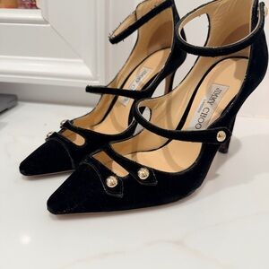 Jimmy Choo Black Velvet Heels with Gold Accents